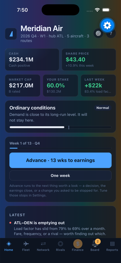 The dashboard: cash, share price, and the week ahead.