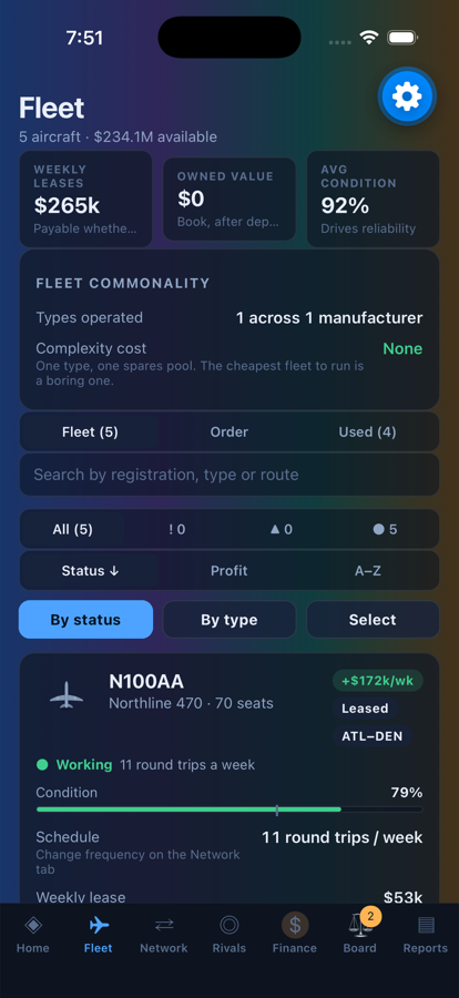The fleet, with each aircraft and its condition.