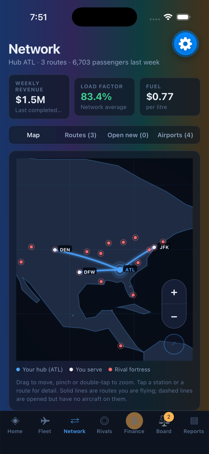 The network map, with routes drawn as great circles.